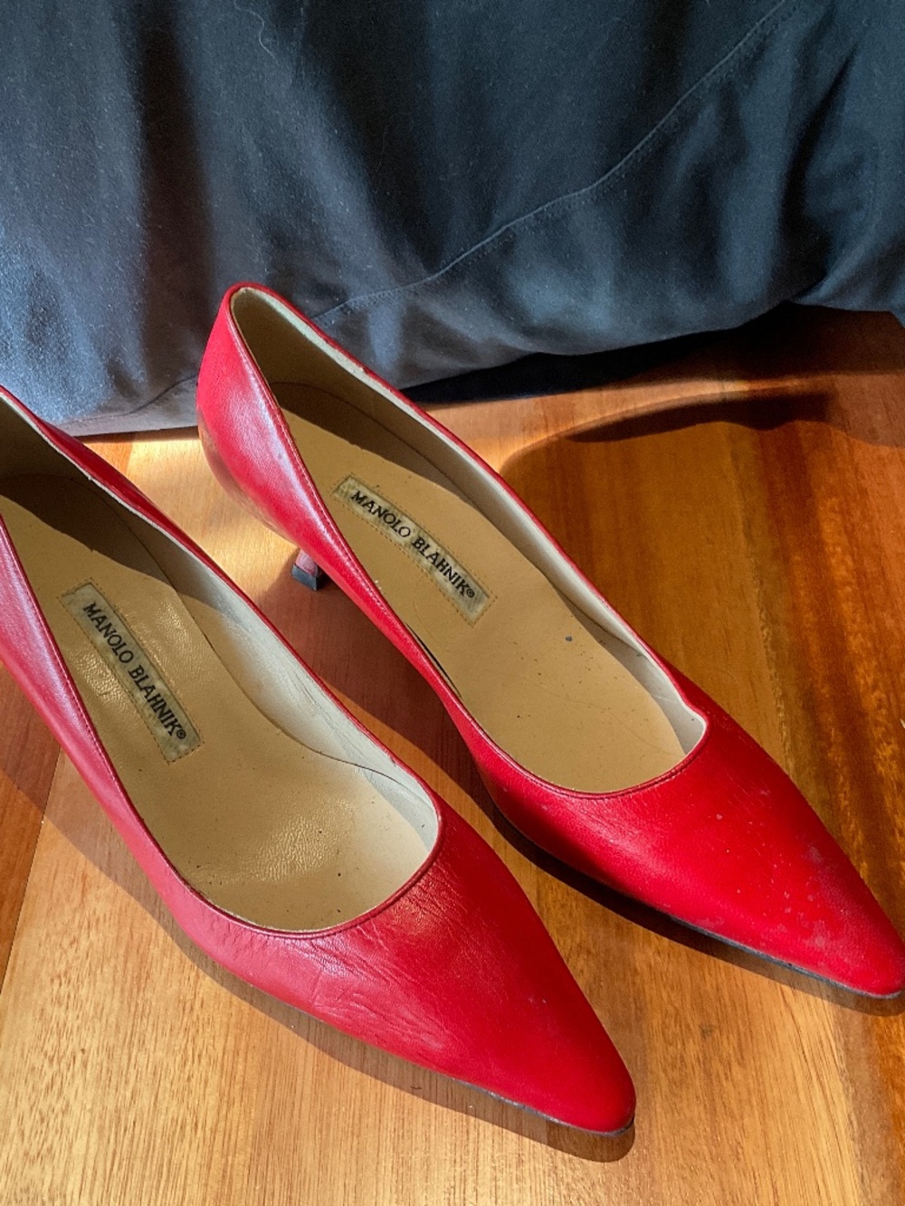 Red leather Manolo Blahnik heels. Size 8.5 or 38.5